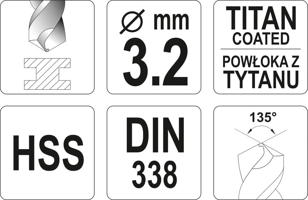 TWIST DRILL BIT HSS-TIN 3,2 MM (YT-44637)