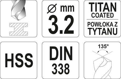Poranterä metalille HSS-TIN 3,2 mm (YT-44637)