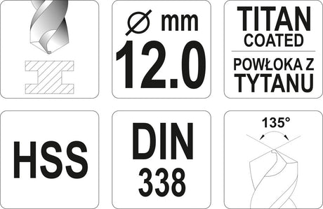 TWIST DRILL BIT HSS-TIN 12 MM (YT-44666)