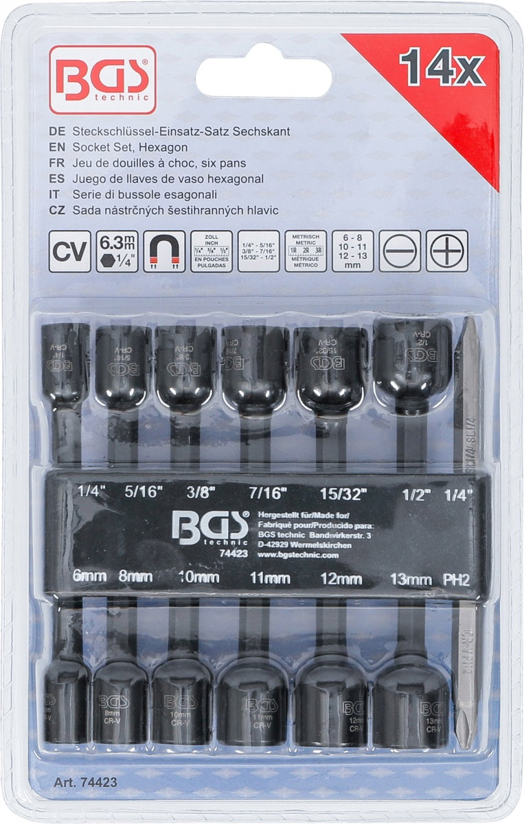 SOCKET SET, HEXAGON | 6.3 MM (1/4") DRIVE | FOR ELECTRIC DRILLS | 1/4 - 1/2", 6 - 13 MM | 14 PCS. (74423)