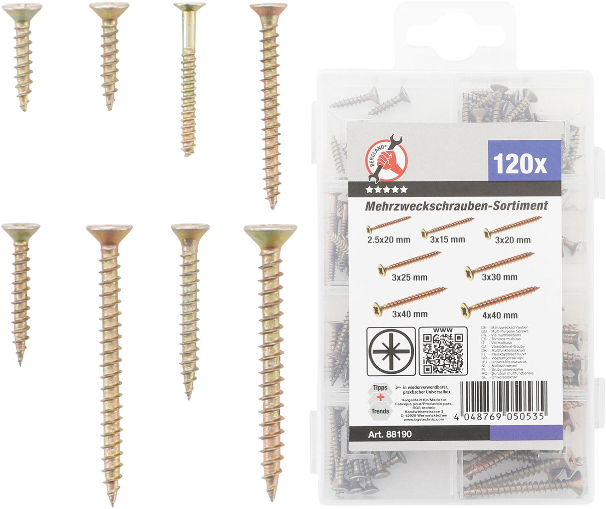MULTI-PURPOSE SCREWS | CROSS SLOT PZ2 | 120 PCS. (88190)