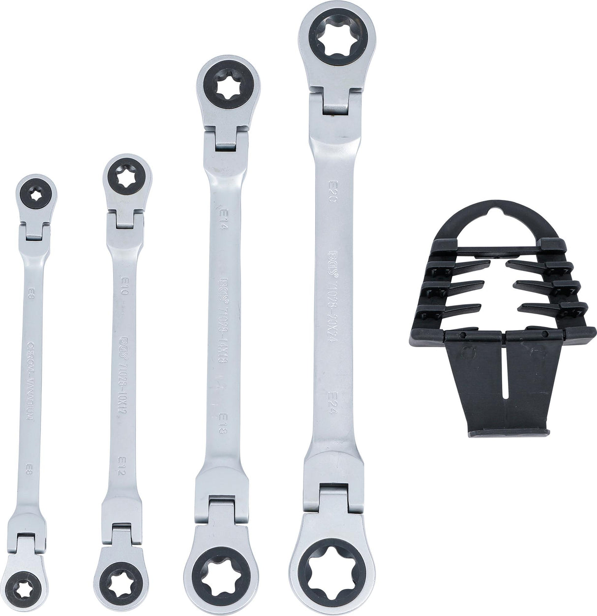 DOUBLE RATCHET RING SPANNER SET | ADJUSTABLE | WITH E-TYPE RING HEADS | E6 - E24 | 4 PCS. (71028)