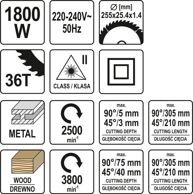 MITRE SAW 255MM  WOOD/METAL 1800W 2SPEED (YT-82174)