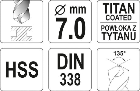 TWIST DRILL BIT HSS-TIN 7 MM (YT-44656)