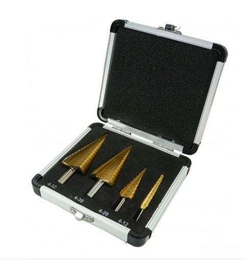 STEP DRILL BITS FOR HOLE ENLARGEMENT | ALUMINUM BOX | 4-12, 4-20, 4-30, 4-32 MM | 4 PCS. (EB-4346A)