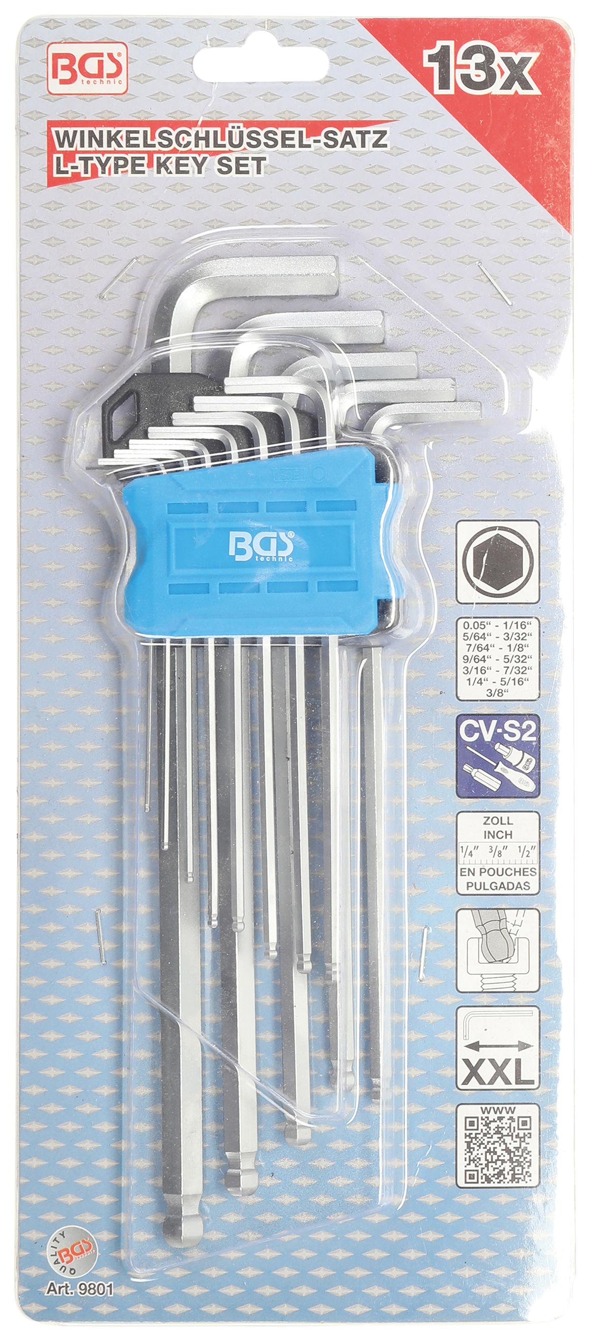 L-TYPE WRENCH SET | EXTRA LONG | INCH SIZES | INTERNAL HEXAGON / INTERNAL HEXAGON WITH BALL HEAD 0.05" - 3/8" | 13 PCS. (9801)