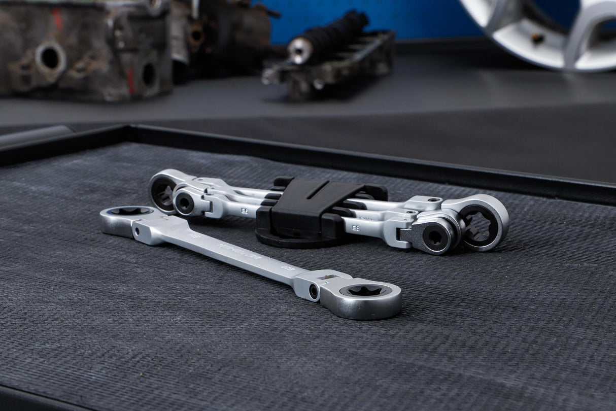 DOUBLE RATCHET RING SPANNER SET | ADJUSTABLE | WITH E-TYPE RING HEADS | E6 - E24 | 4 PCS. (71028)