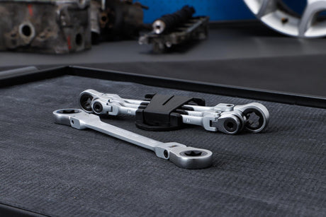 DOUBLE RATCHET RING SPANNER SET | ADJUSTABLE | WITH E-TYPE RING HEADS | E6 - E24 | 4 PCS. (71028)
