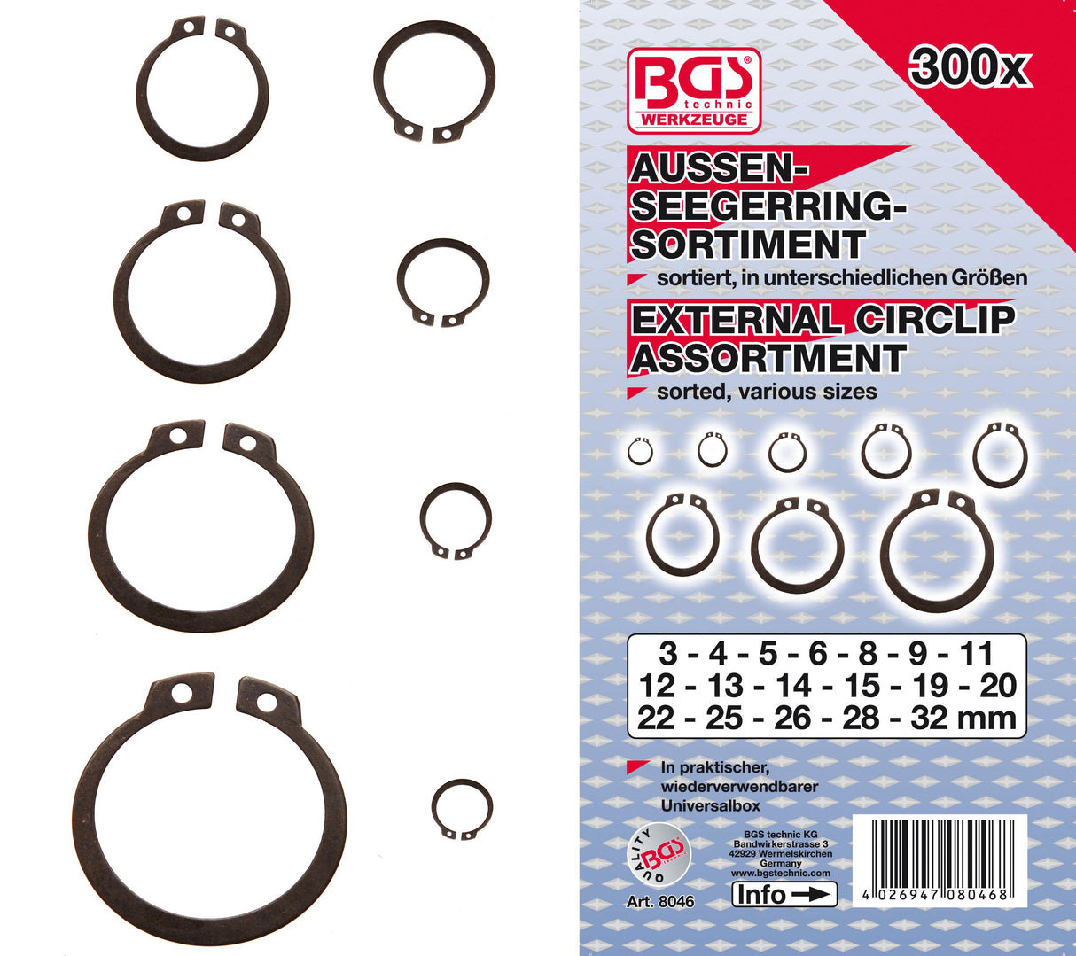 EXTERNAL CIRCLIP ASSORTMENT | Ø 3 - 32 MM | 300 PCS. (8046)