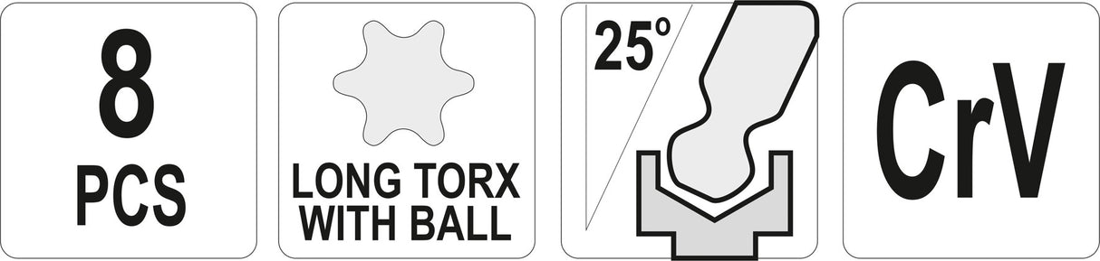 TORX BALL END KEY SET T9-T40, 8PCS (YT-05123)