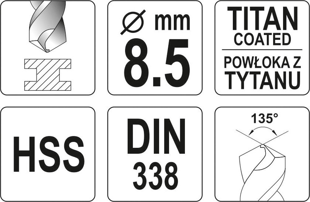 TWIST DRILL BIT HSS-TIN 8,5 MM (YT-44659)