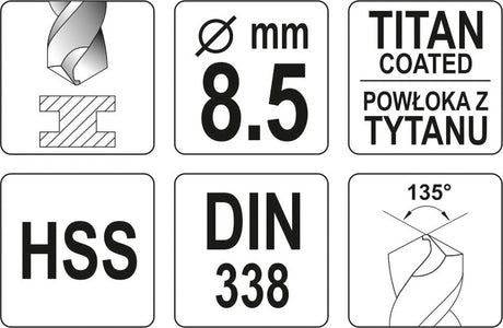 TWIST DRILL BIT HSS-TIN 8,5 MM (YT-44659)