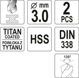 TWIST DRILL BIT HSS-TIN 3 MM - 2 PCS (YT-44635)