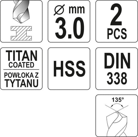 Metalliporanterä HSS-TIN 3,0 mm, 2 kpl (YT-44635)