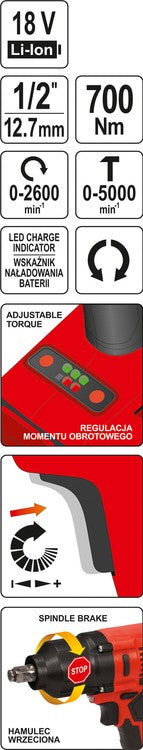 IMPACT WRENCH 18V 1/2'' 700NM - BODY (YT-828061)
