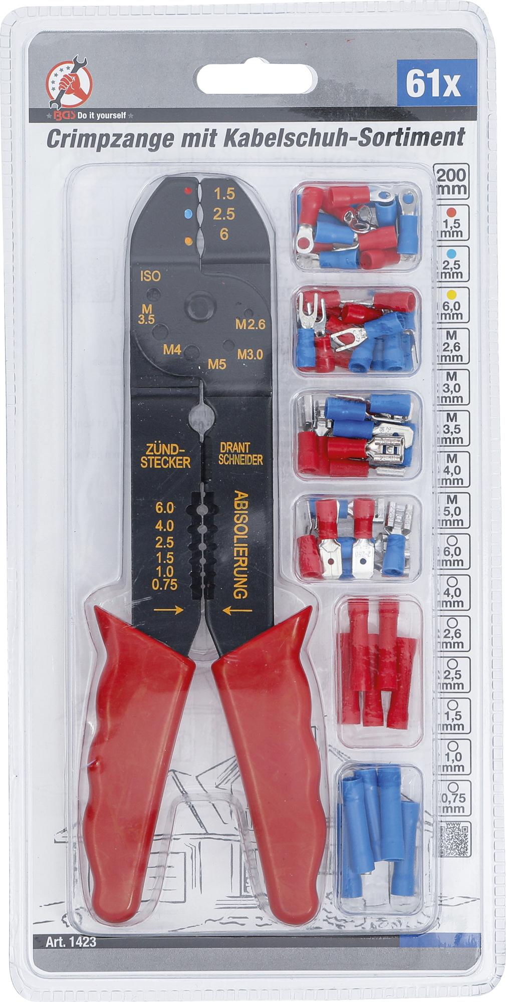 CRIMPING PLIERS SET WITH CABLE LUG ASSORTMENT | 200 MM | 61 PCS. (1423)