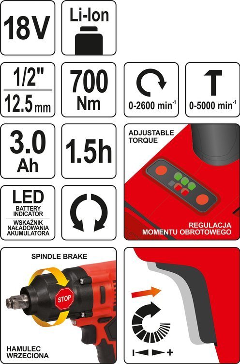 IMPACT WRENCH 18V 1/2'' 700NM - 3AH (YT-82806)