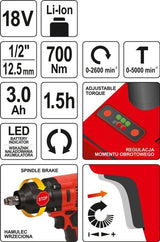 IMPACT WRENCH 18V 1/2'' 700NM - 3AH (YT-82806)