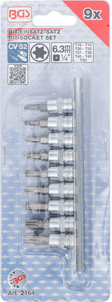 BIT SOCKET SET | 6.3 MM (1/4") DRIVE | T-STAR (FOR TORX) T10 - T50 | 9 PCS. (2164)