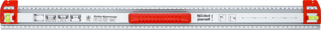 CUTTING AND MARKING RULER | WITH HANDLE AND SPIRIT LEVEL | 750 MM (50866)