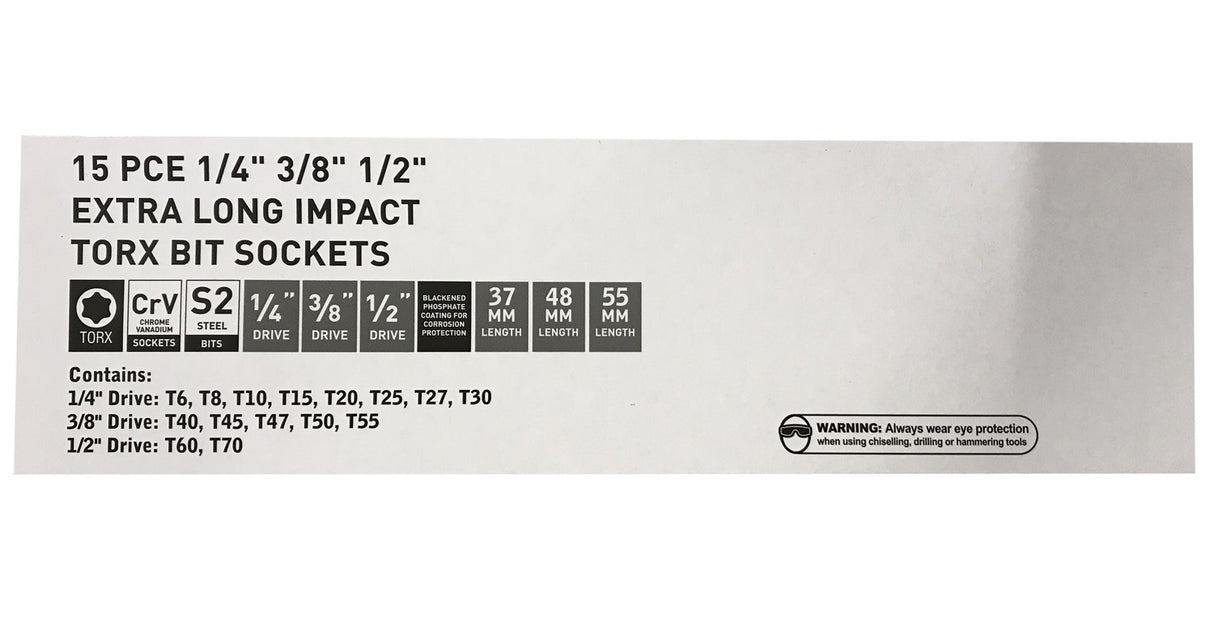 IMPACT BITS | 6.3 MM (1/4") / 10 MM (3/8") / 12.5 MM (1/2") | T-STAR (TORX) T6 - T70 | 15 PCS. (S1115)