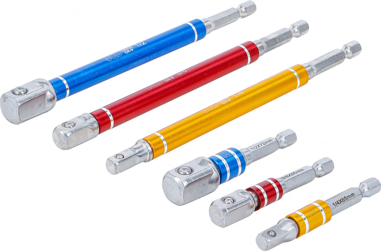 ELECTRIC DRILL ADAPTOR SET | MULTICOLOUR | 6.3 MM (1/4") DRIVE | EXTERNAL SQUARE 6.3 MM (1/4") / 10 MM (3/8") / 12.5 MM (1/2") MM | 75 - 150 MM | 6 PCS. (74424)