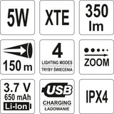 FLASHLIGHT 5W USB, 94X27MM (YT-08569)