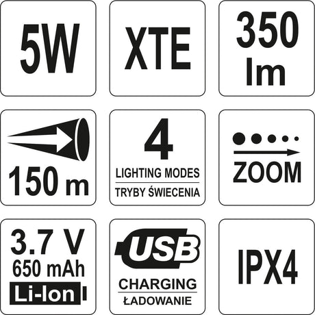 FLASHLIGHT 5W USB, 94X27MM (YT-08569)