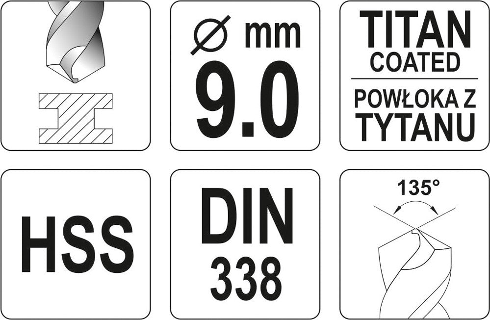 TWIST DRILL BIT HSS-TIN 9 MM (YT-44660)