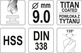 TWIST DRILL BIT HSS-TIN 9 MM (YT-44660)