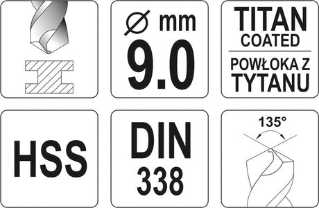 TWIST DRILL BIT HSS-TIN 9 MM (YT-44660)