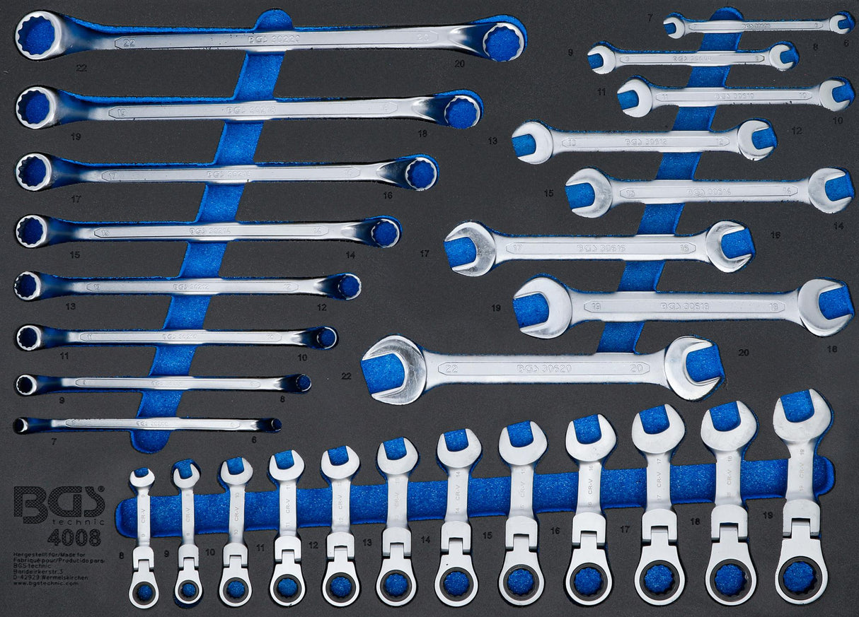 TOOL TRAY 3/3: DOUBLE OPEN END SPANNER, DOUBLE RING SPANNER, RATCHET WRENCH | ADJUSTABLE | 28 PCS. (4008)
