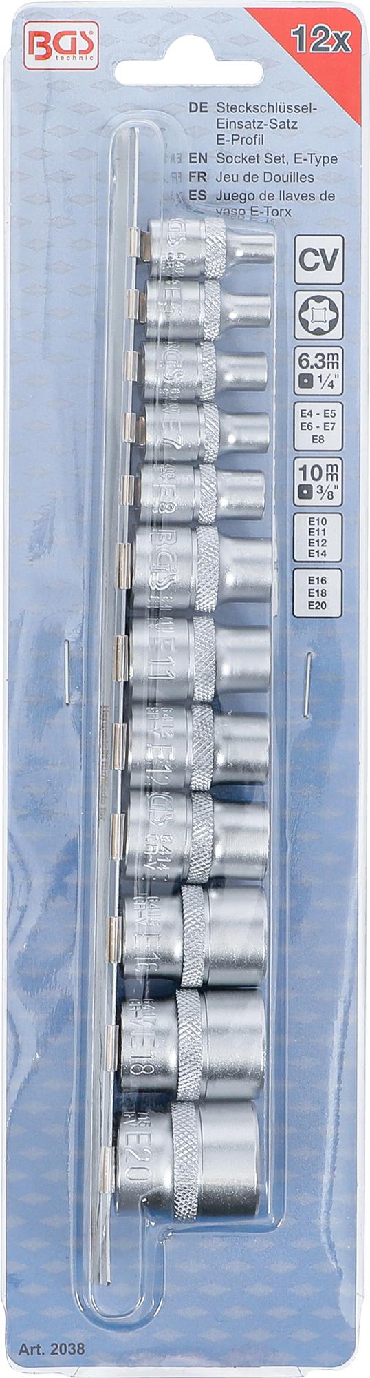 SOCKET SET, E-TYPE | 6.3 MM (1/4") / 10 MM (3/8") DRIVE | E4 - E20 | 12 PCS. (2038)