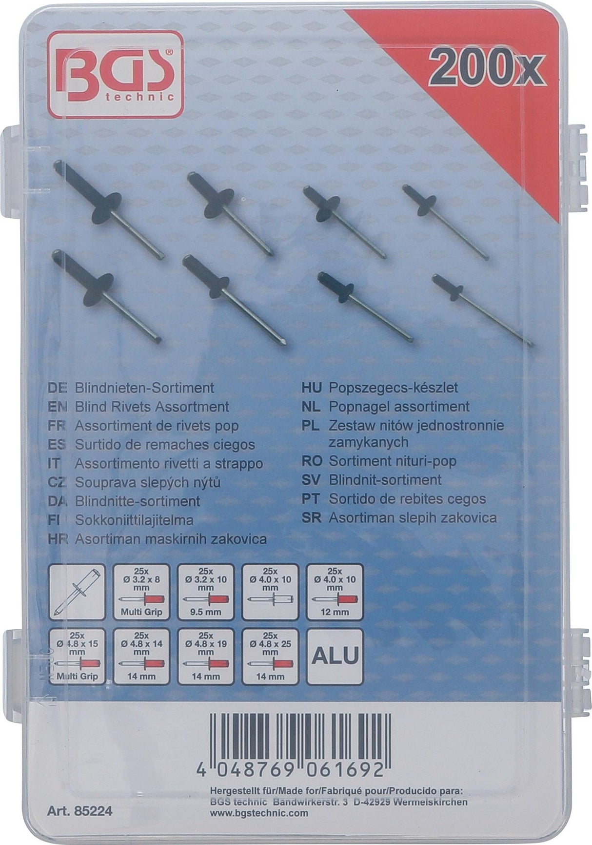 BLIND RIVETS ASSORTMENT | ALUMINIUM | Ø 3.2 - 4.8 MM | 200 PCS. (85224)