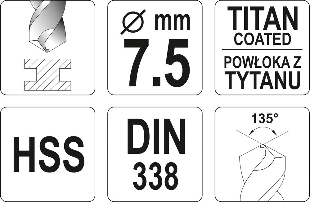TWIST DRILL BIT HSS-TIN 7,5 MM (YT-44657)