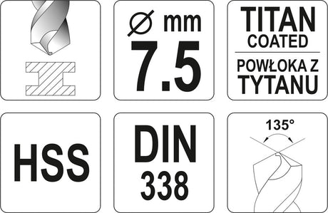 TWIST DRILL BIT HSS-TIN 7,5 MM (YT-44657)