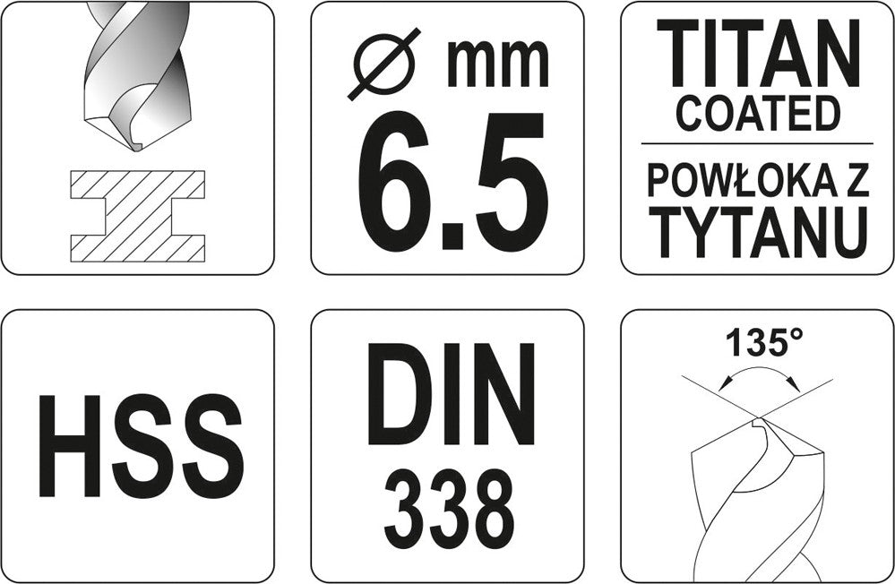 TWIST DRILL BIT HSS-TIN 6,5 MM (YT-44655)
