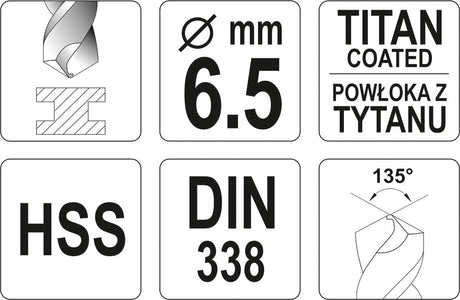 TWIST DRILL BIT HSS-TIN 6,5 MM (YT-44655)
