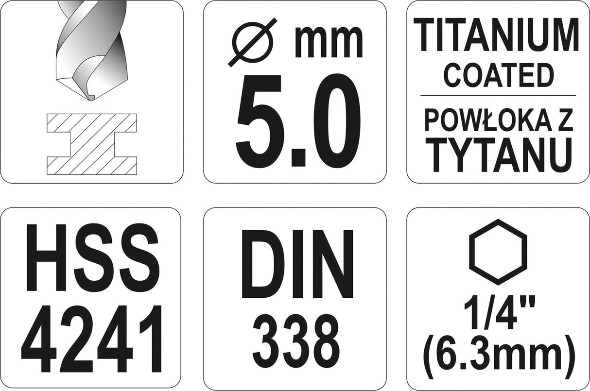 METAL DRILL WITH HEX SHANK 5,0MM TITAN (YT-44761)