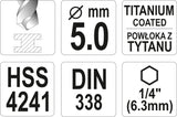 METAL DRILL WITH HEX SHANK 5,0MM TITAN (YT-44761)