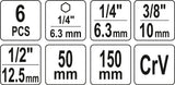6PCS SOCK ADAP HEX SHA SET 1/4, 3/8, 1/2 (YT-04629)