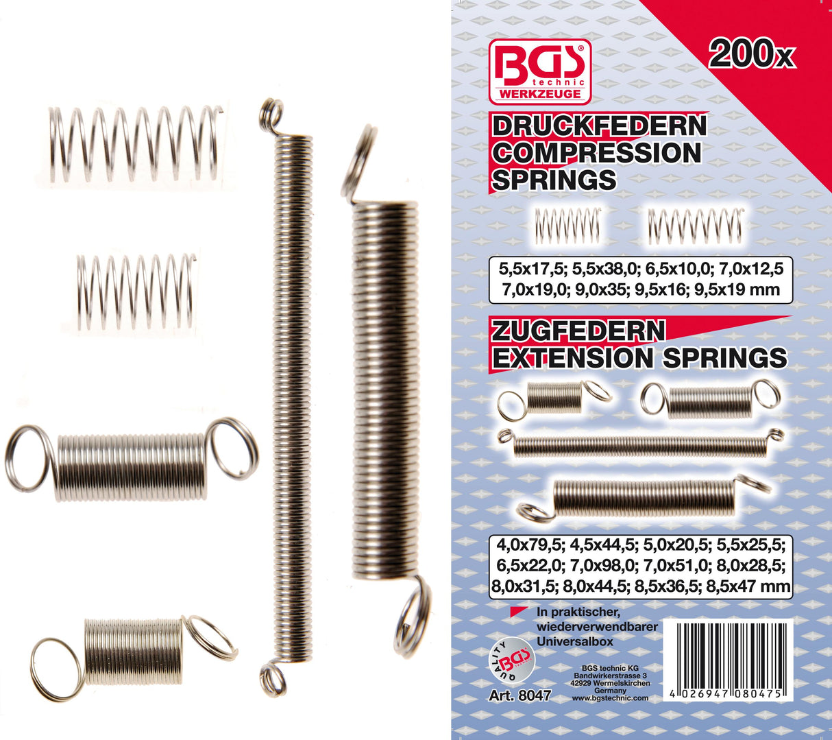 SPRING ASSORTMENT | COMPRESSION AND EXTENSION SPRING | 200 PCS. (8047)