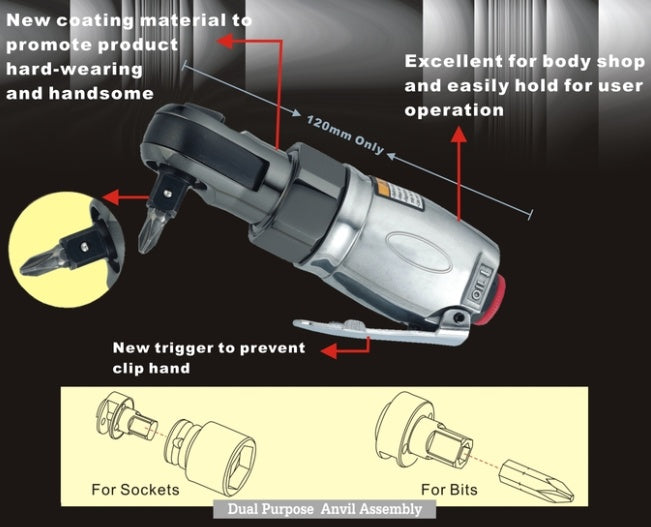 PNEUMATIC RATCHET FOR SOCKETS | 10 MM (3/8") | 1/4" (6.3 MM) BITS | WITH SET (PARW38KIT)
