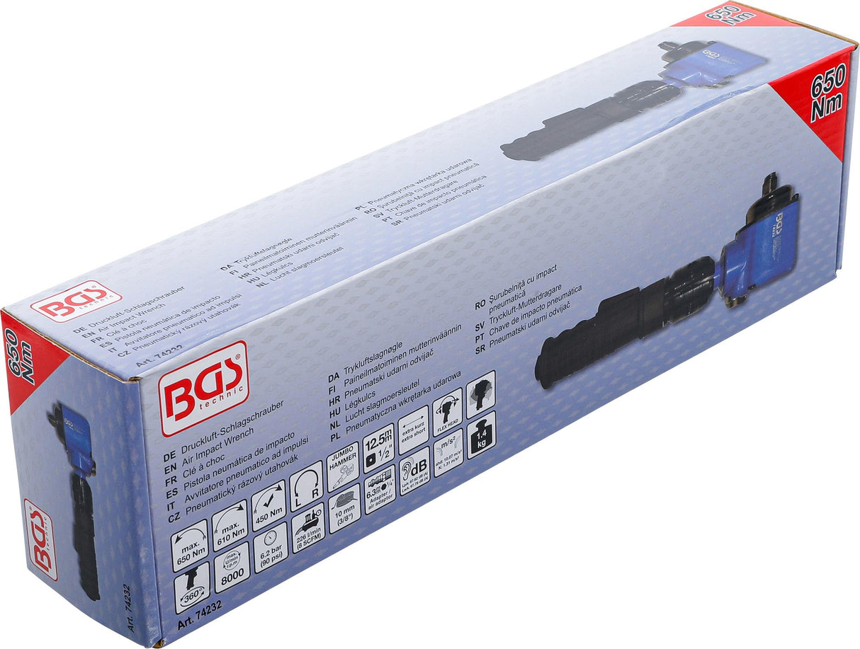 AIR IMPACT WRENCH | ANGLED | WITH ROTATABLE AND TILTABLE HEAD | 12.5 MM (1/2") | 650 NM (74232)