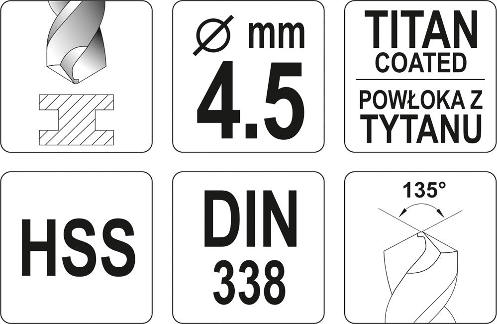 TWIST DRILL BIT HSS-TIN 4,5 MM (YT-44643)