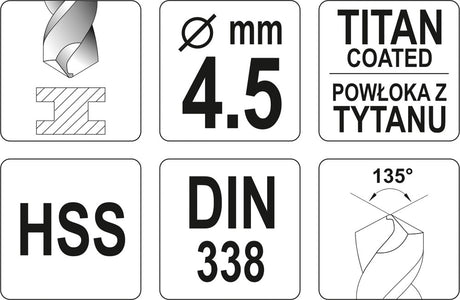 Poranterä metalille HSS-TIN 4,5 mm (YT-44643)