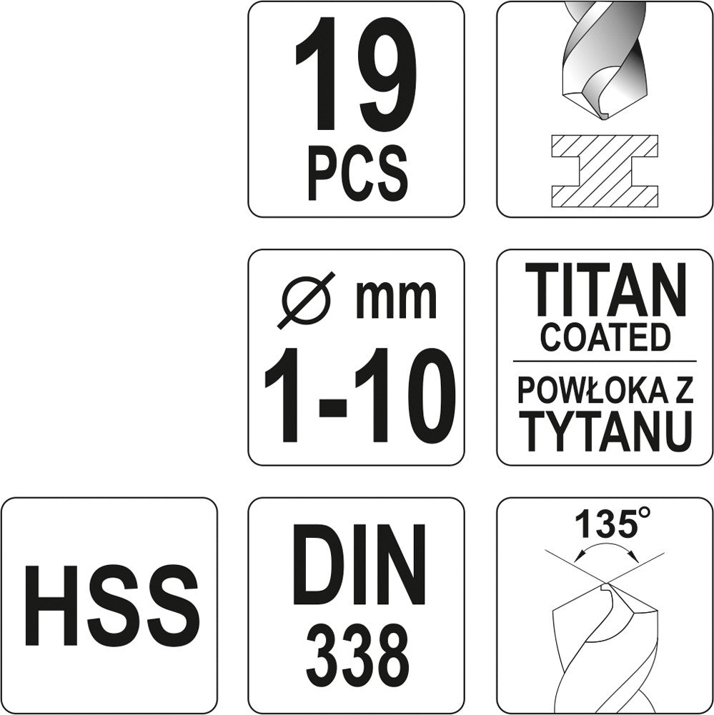 TWIST DRILL BIT SET HSS-TIN 19PCS 1-10MM (YT-44675)