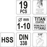 TWIST DRILL BIT SET HSS-TIN 19PCS 1-10MM (YT-44675)
