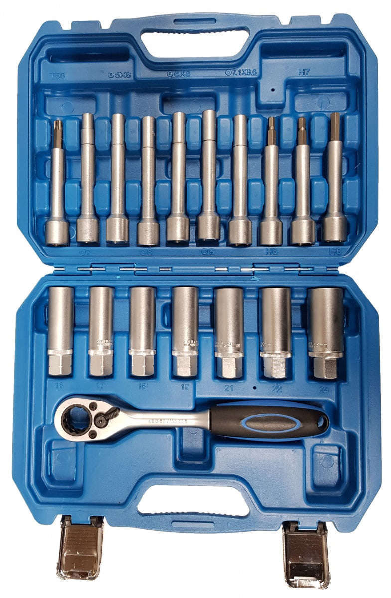 PASS-THROUGH SOCKET SET FOR SHOCK ABSORBERS WITH RATCHET | 18 PCS. (ST018)