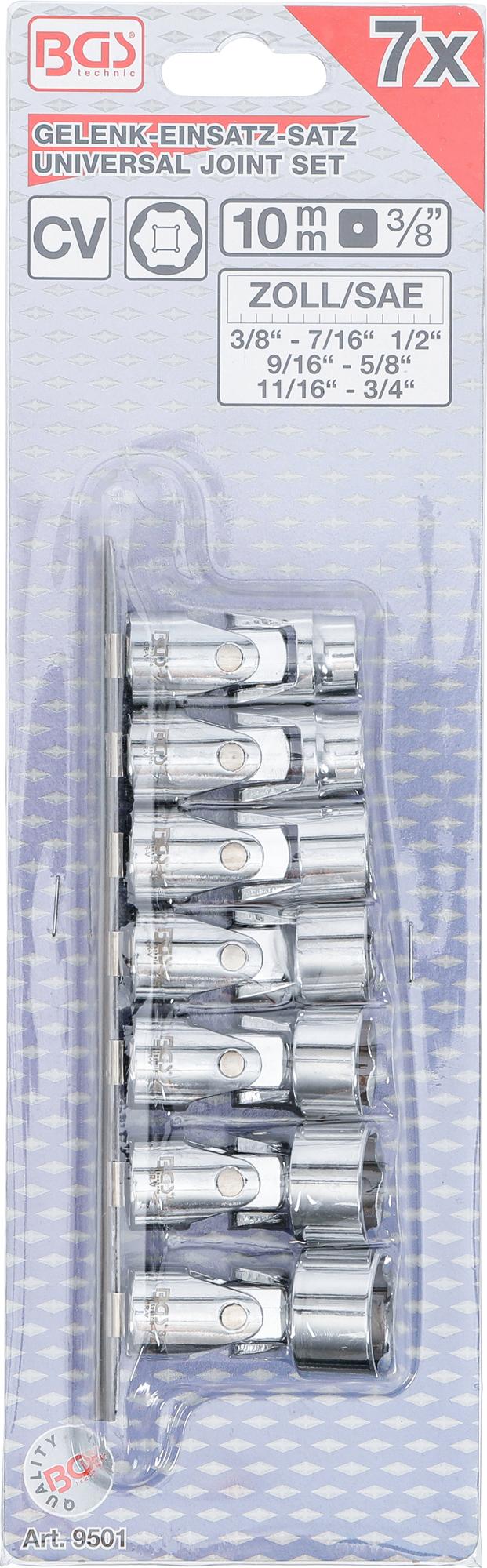 UNIVERSAL JOINT SOCKET SET, HEXAGON | 10 MM (3/8") DRIVE | 3/8" - 3/4" | INCH SIZES | 7 PCS. (9501)